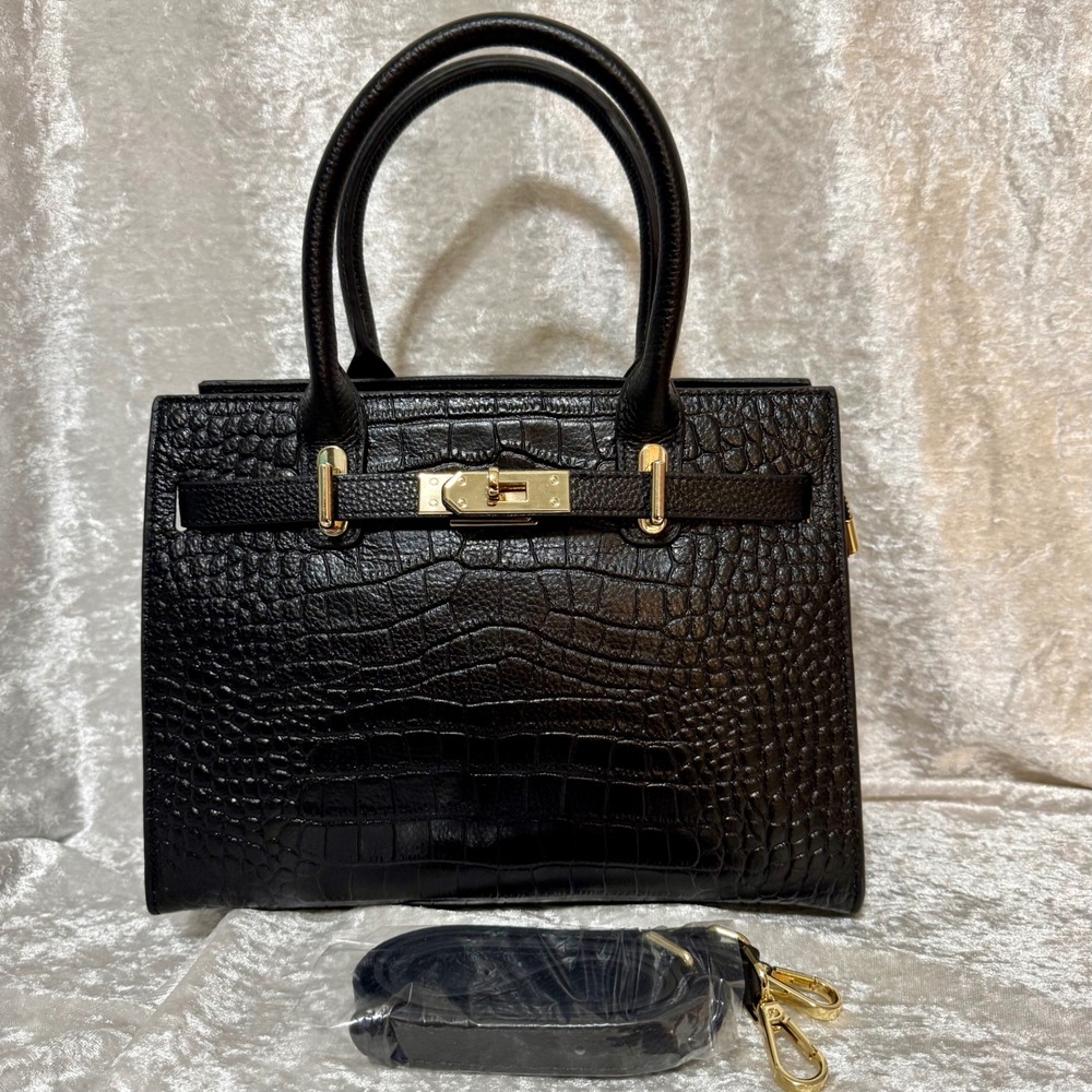 Verano Hill Marseille Black Croc Embossed Satchel Handbag Gold Hardware New - Picture 10 of 12